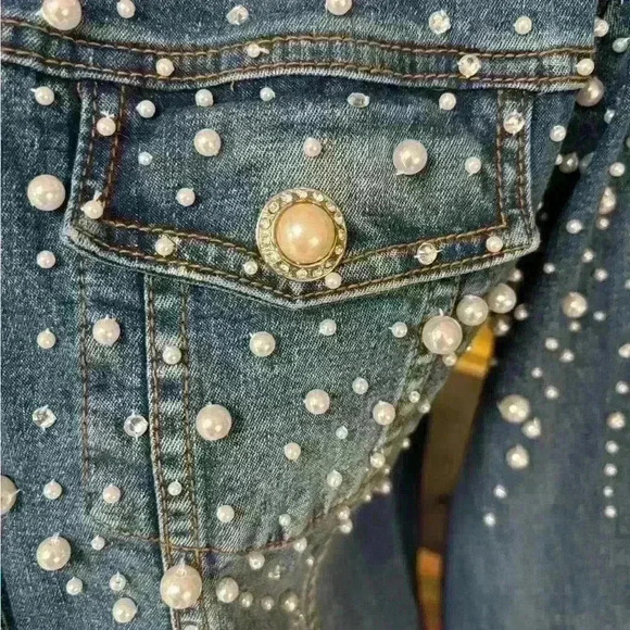 QUACKER FACTORY PEARL & RHINESTONE WESTERN BLUE DENIM JEAN JACKET SHACKET SZ S-L - Picture 10 of 15